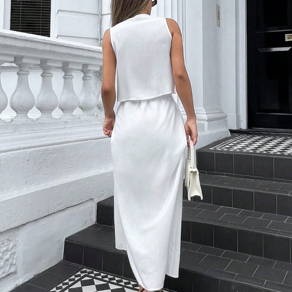 White Casual Women's Ribbon-Tied Ruffled Sleeveless Blouse And Long Skirt Set - Picture 5 of 8